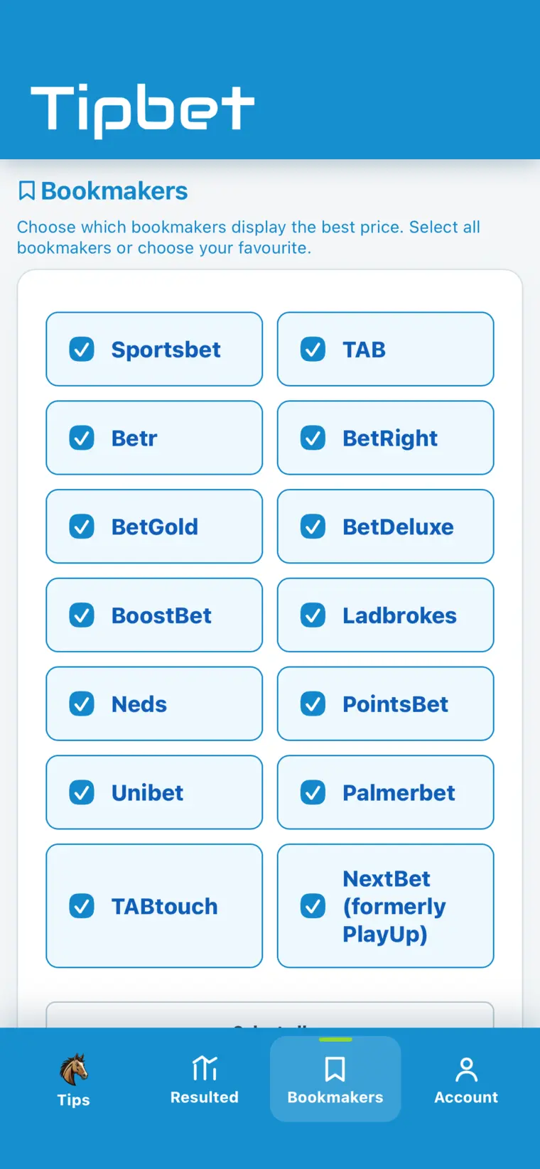 TIPBET bookmaker selection screen
