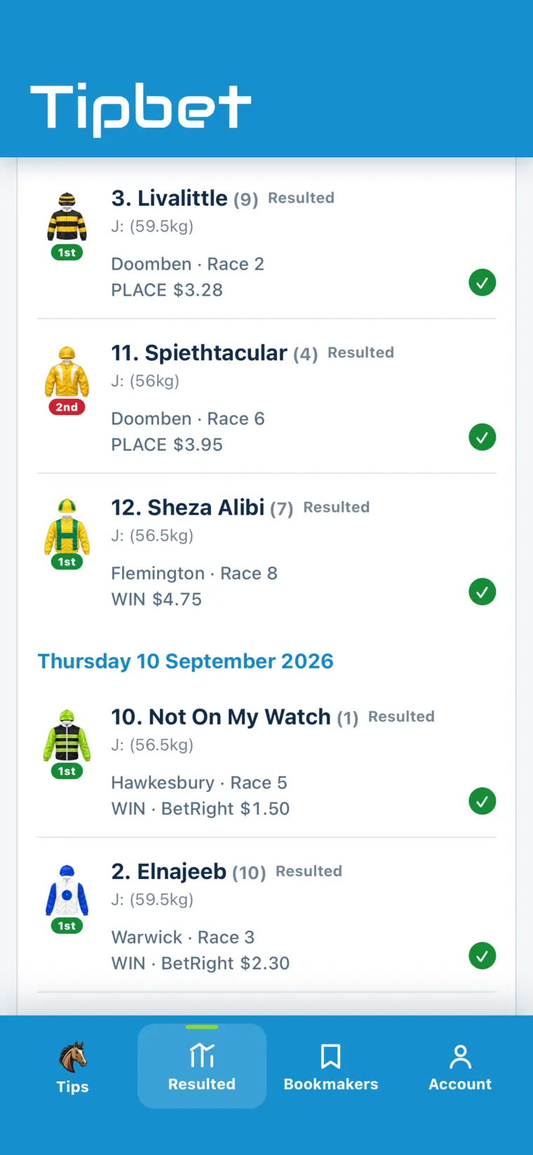 TIPBET resulted selections screen